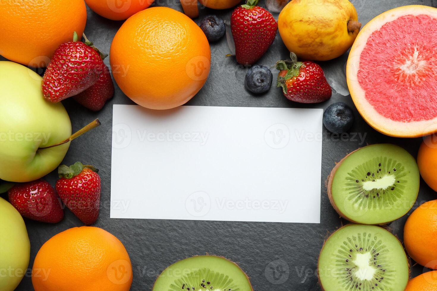 Card and White Paper Mockup Harmonized with Fresh Fruit, Crafting a Visual Symphony of Artful Design and Culinary Delight, Where Wholesome Ingredients Merge in a Feast of Vibrant Imagery photo