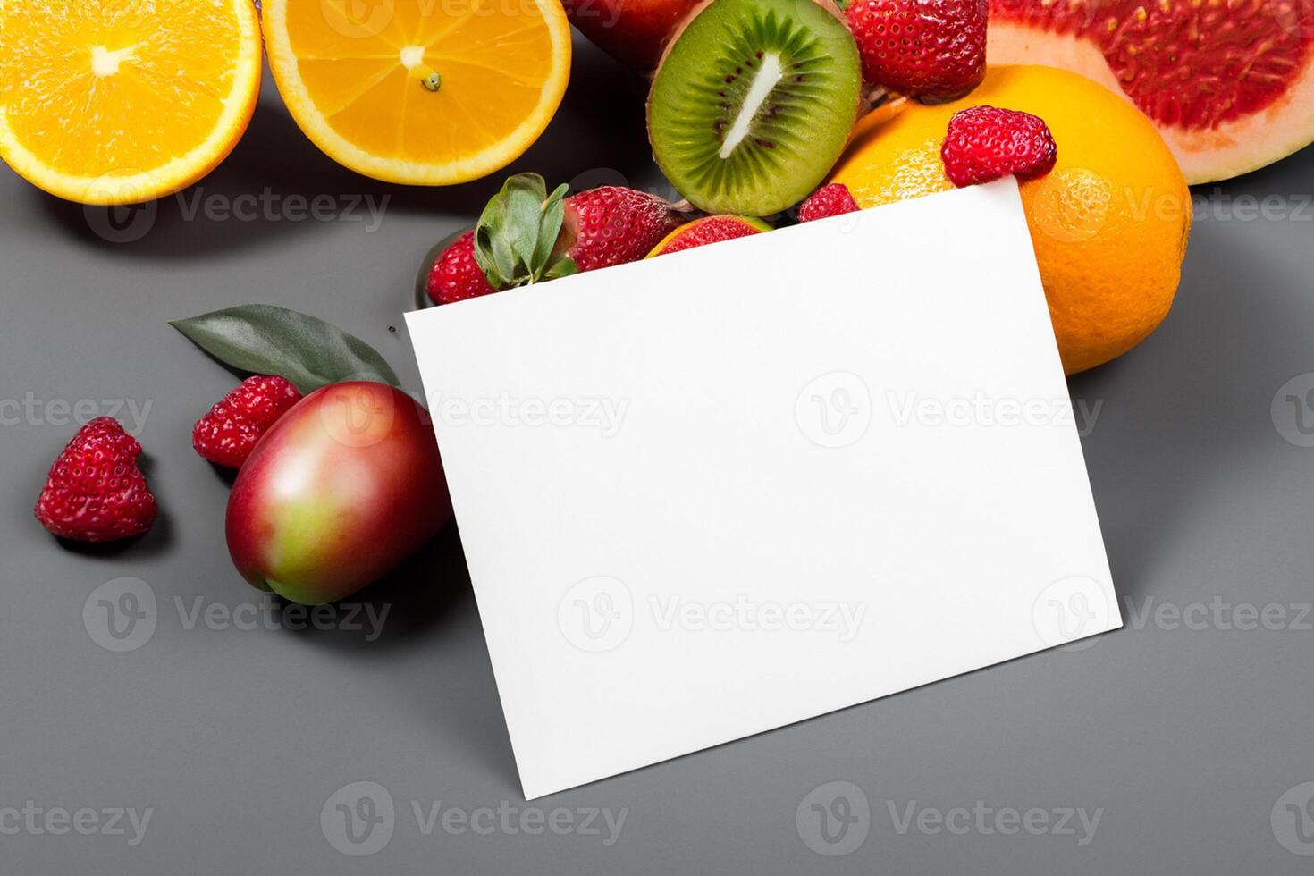 Card and White Paper Mockup Harmonized with Fresh Fruit, Crafting a Visual Symphony of Artful Design and Culinary Delight, Where Wholesome Ingredients Merge in a Feast of Vibrant Imagery photo