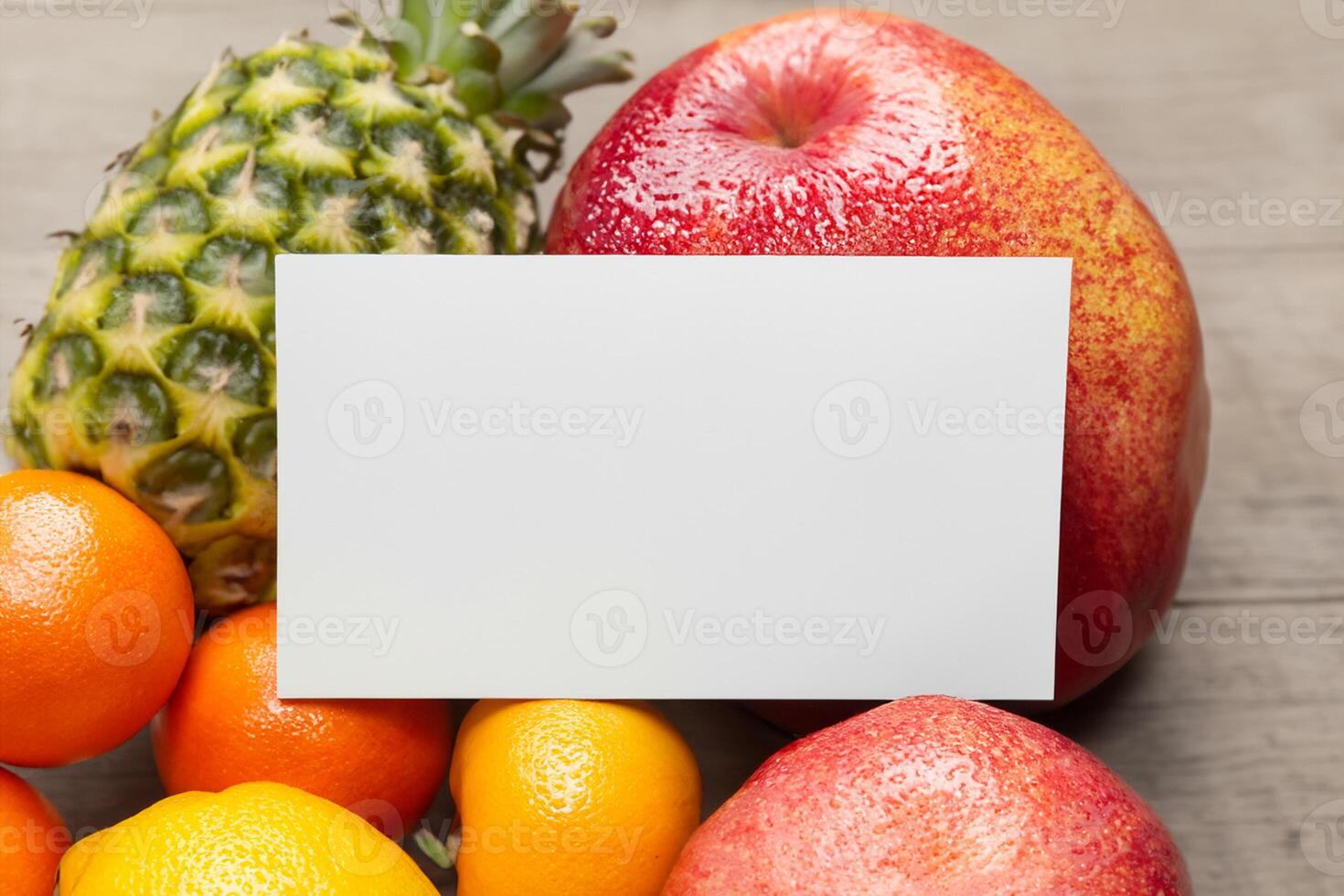 Card and White Paper Mockup Harmonized with Fresh Fruit, Crafting a Visual Symphony of Artful Design and Culinary Delight, Where Wholesome Ingredients Merge in a Feast of Vibrant Imagery photo