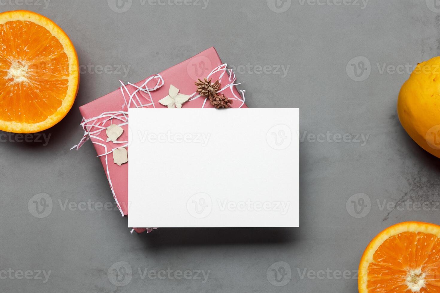 Card and White Paper Mockup Harmonized with Fresh Fruit, Crafting a Visual Symphony of Artful Design and Culinary Delight, Where Wholesome Ingredients Merge in a Feast of Vibrant Imagery photo