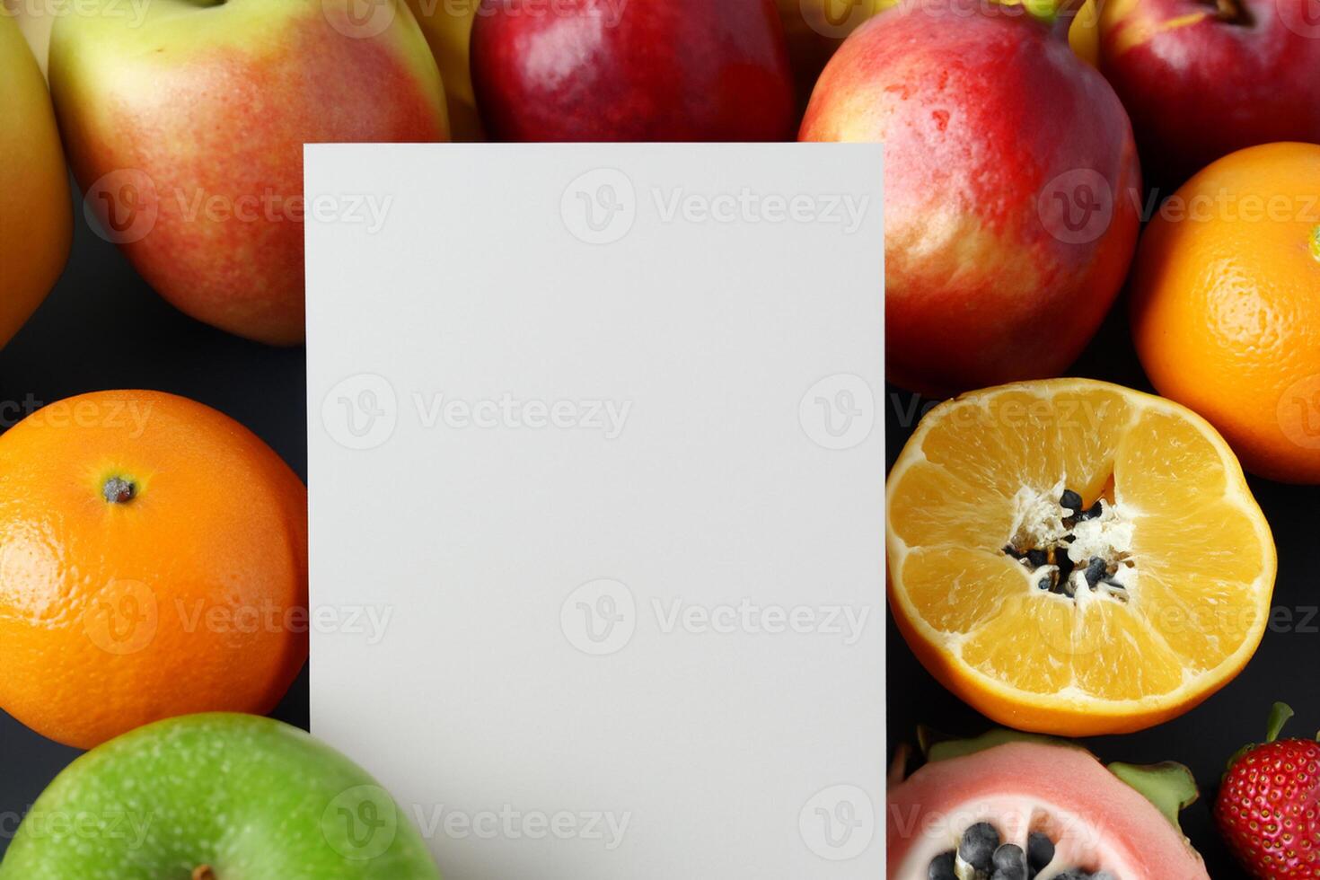 Card and White Paper Mockup Harmonized with Fresh Fruit, Crafting a Visual Symphony of Artful Design and Culinary Delight, Where Wholesome Ingredients Merge in a Feast of Vibrant Imagery photo