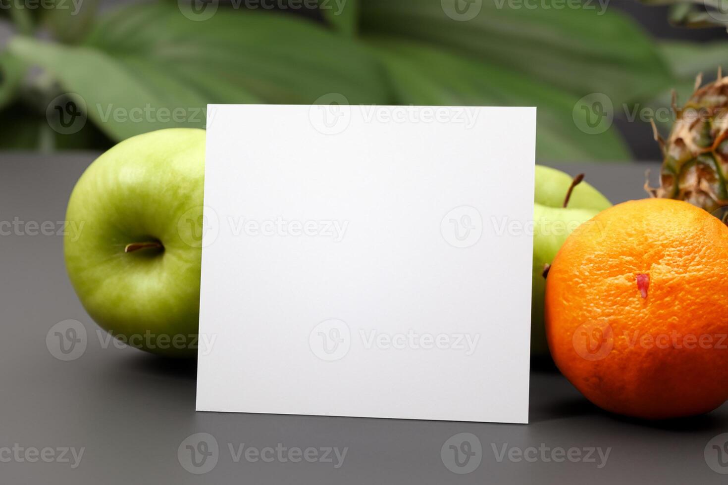 Card and White Paper Mockup Harmonized with Fresh Fruit, Crafting a Visual Symphony of Artful Design and Culinary Delight, Where Wholesome Ingredients Merge in a Feast of Vibrant Imagery photo