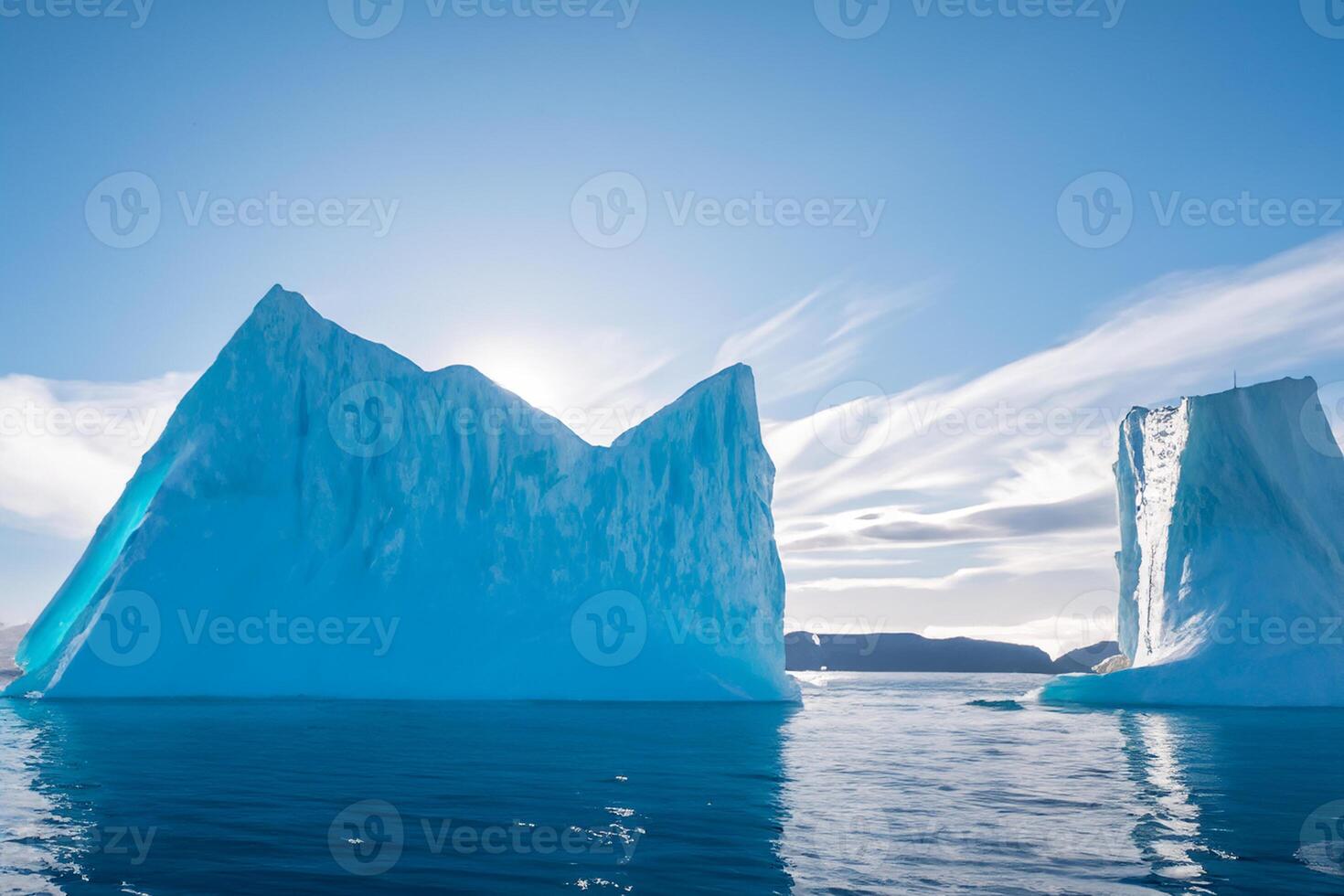 Majestic Ice Cliffs Crowned by a Cool Atmosphere, Framed by the Beautiful Sea and Sky, Conjuring a Harmonious Panorama of Nature's Icy Grandeur and Oceanic Splendor photo