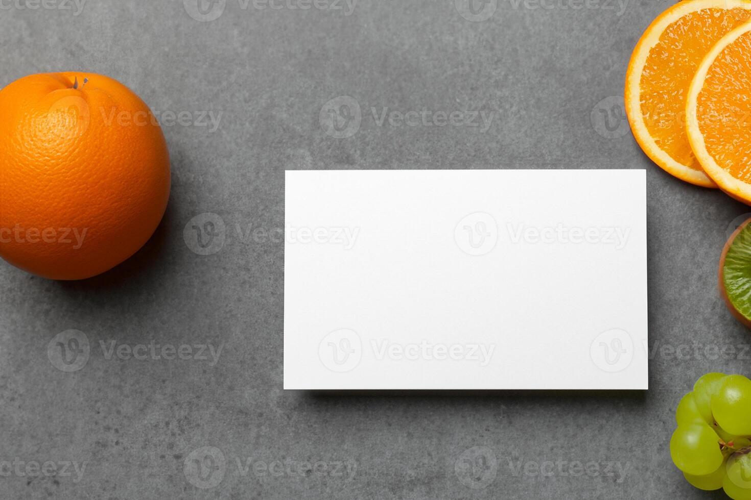 Card and White Paper Mockup Harmonized with Fresh Fruit, Crafting a Visual Symphony of Artful Design and Culinary Delight, Where Wholesome Ingredients Merge in a Feast of Vibrant Imagery photo