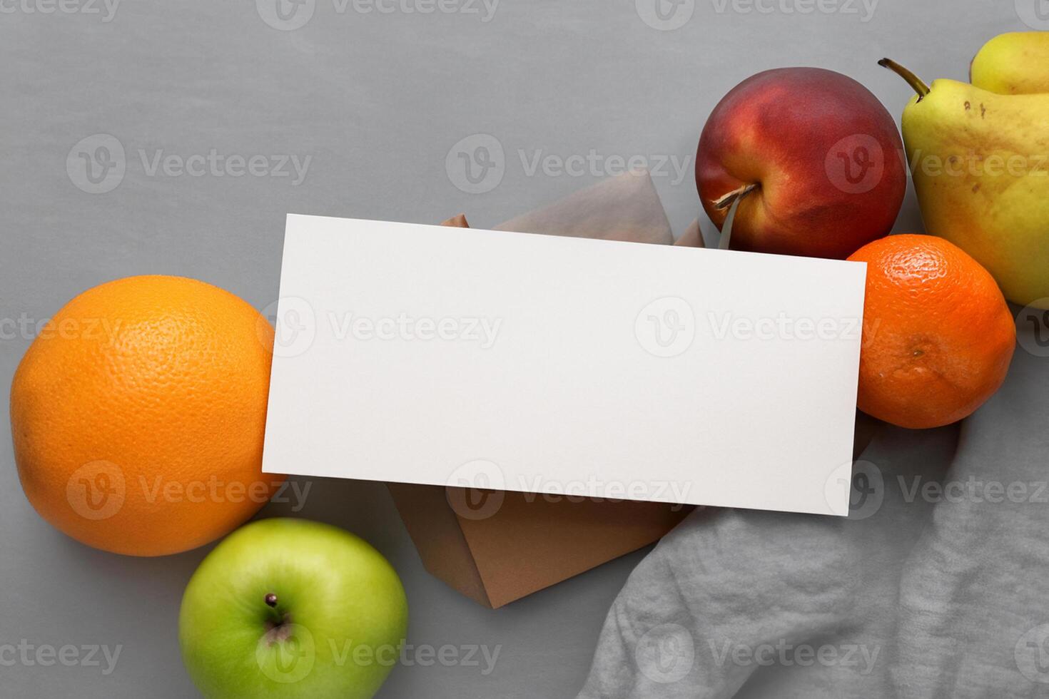 Card and White Paper Mockup Harmonized with Fresh Fruit, Crafting a Visual Symphony of Artful Design and Culinary Delight, Where Wholesome Ingredients Merge in a Feast of Vibrant Imagery photo