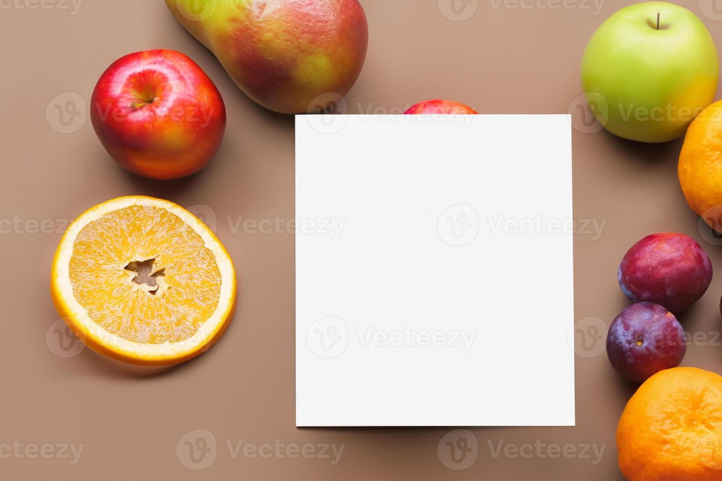 Card and White Paper Mockup Harmonized with Fresh Fruit, Crafting a Visual Symphony of Artful Design and Culinary Delight, Where Wholesome Ingredients Merge in a Feast of Vibrant Imagery photo