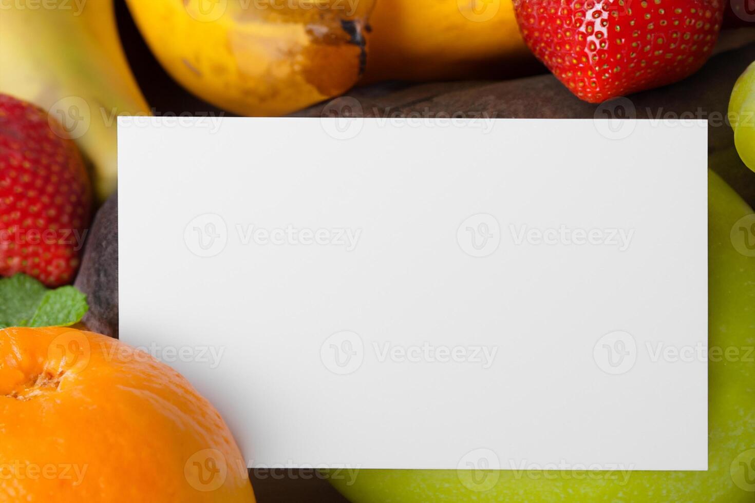 Card and White Paper Mockup Harmonized with Fresh Fruit, Crafting a Visual Symphony of Artful Design and Culinary Delight, Where Wholesome Ingredients Merge in a Feast of Vibrant Imagery photo