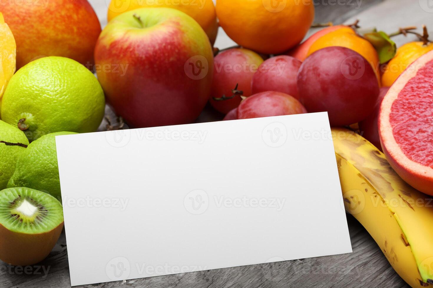 Card and White Paper Mockup Harmonized with Fresh Fruit, Crafting a Visual Symphony of Artful Design and Culinary Delight, Where Wholesome Ingredients Merge in a Feast of Vibrant Imagery photo