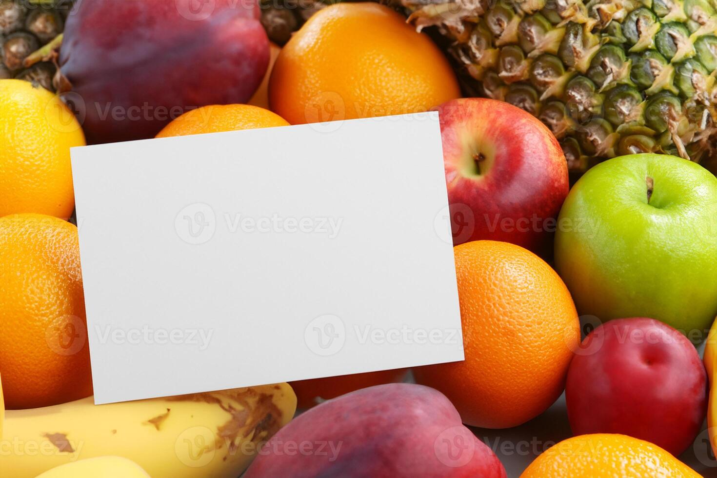 Card and White Paper Mockup Harmonized with Fresh Fruit, Crafting a Visual Symphony of Artful Design and Culinary Delight, Where Wholesome Ingredients Merge in a Feast of Vibrant Imagery photo