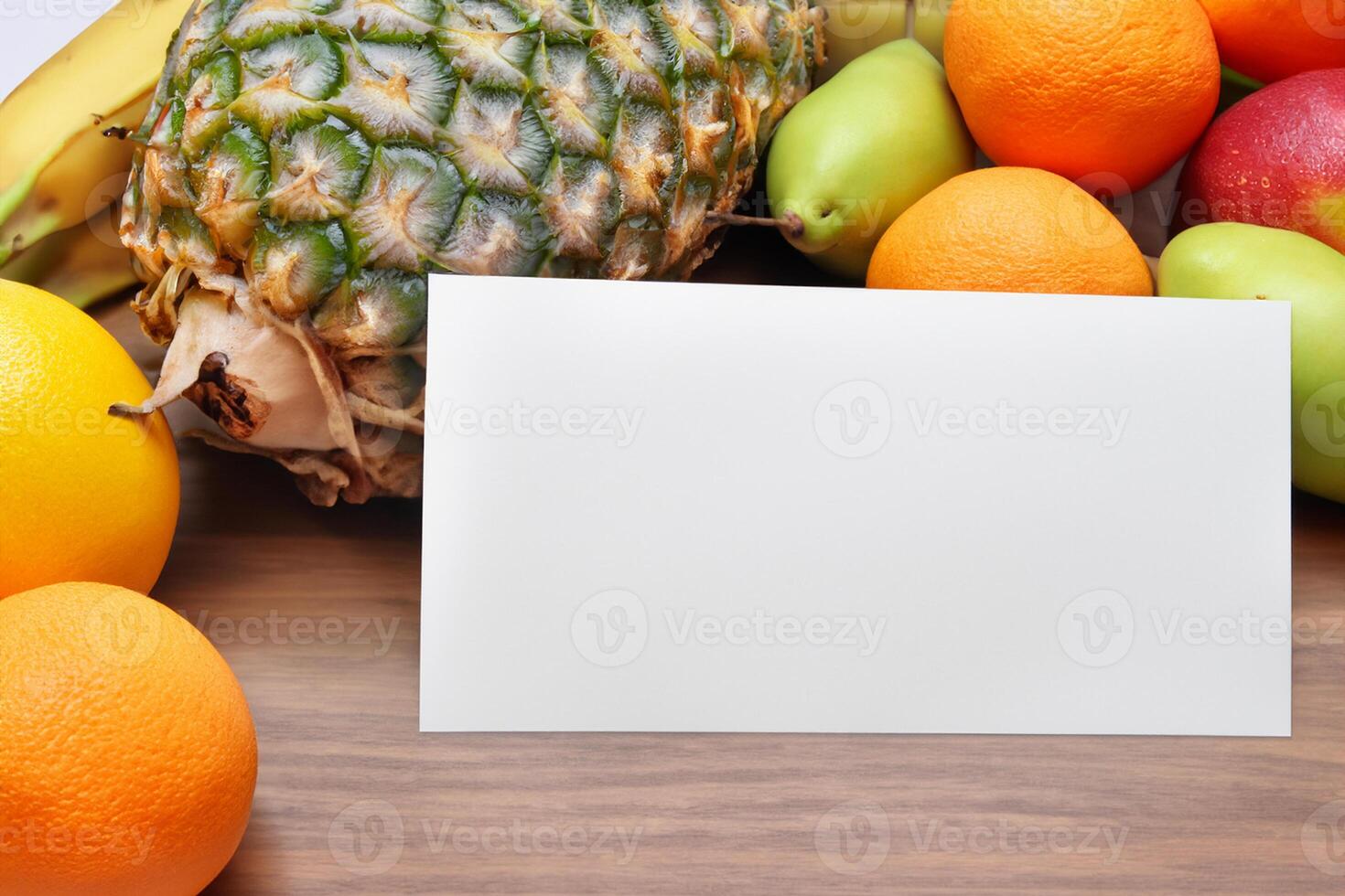 Card and White Paper Mockup Harmonized with Fresh Fruit, Crafting a Visual Symphony of Artful Design and Culinary Delight, Where Wholesome Ingredients Merge in a Feast of Vibrant Imagery photo