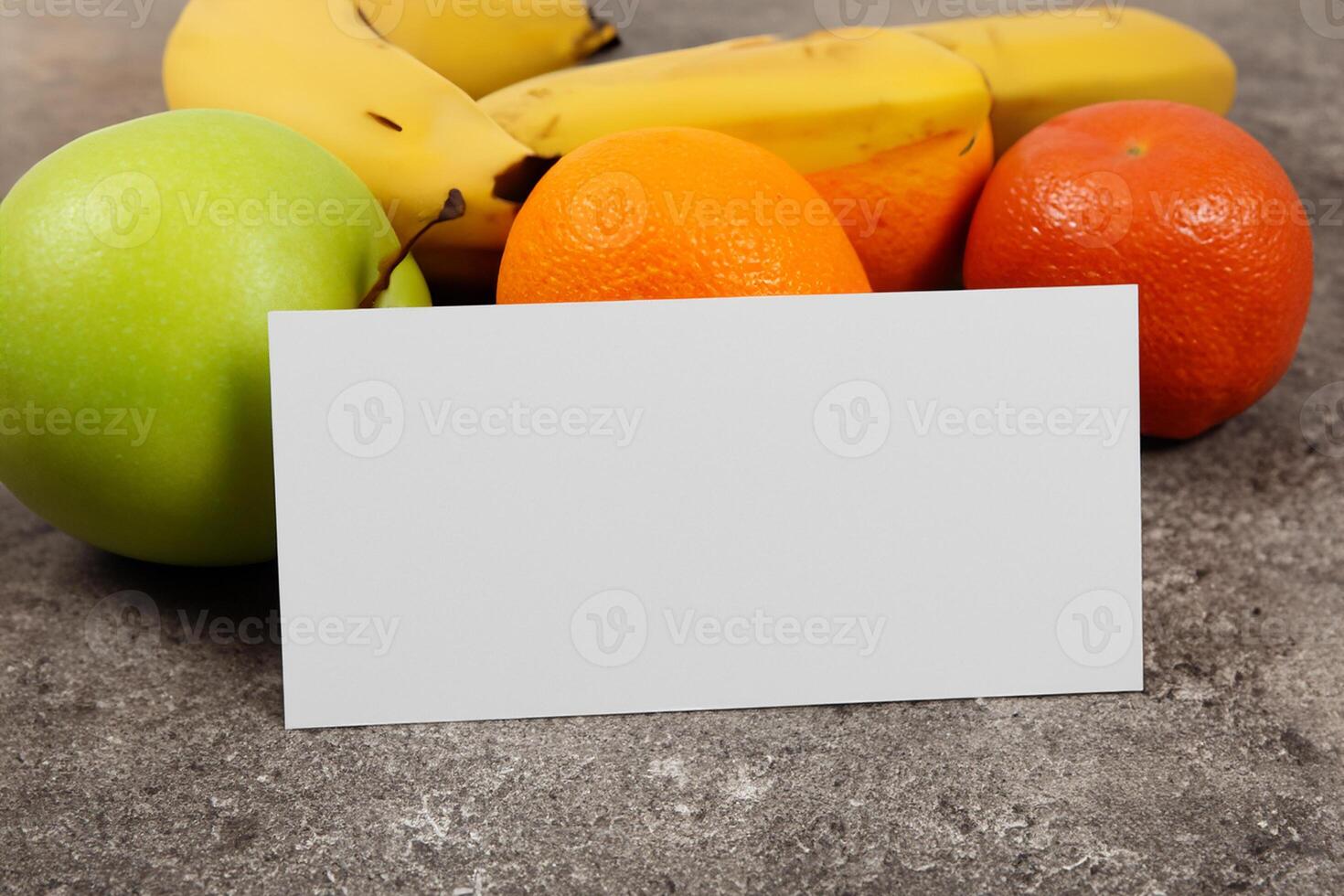 Card and White Paper Mockup Harmonized with Fresh Fruit, Crafting a Visual Symphony of Artful Design and Culinary Delight, Where Wholesome Ingredients Merge in a Feast of Vibrant Imagery photo