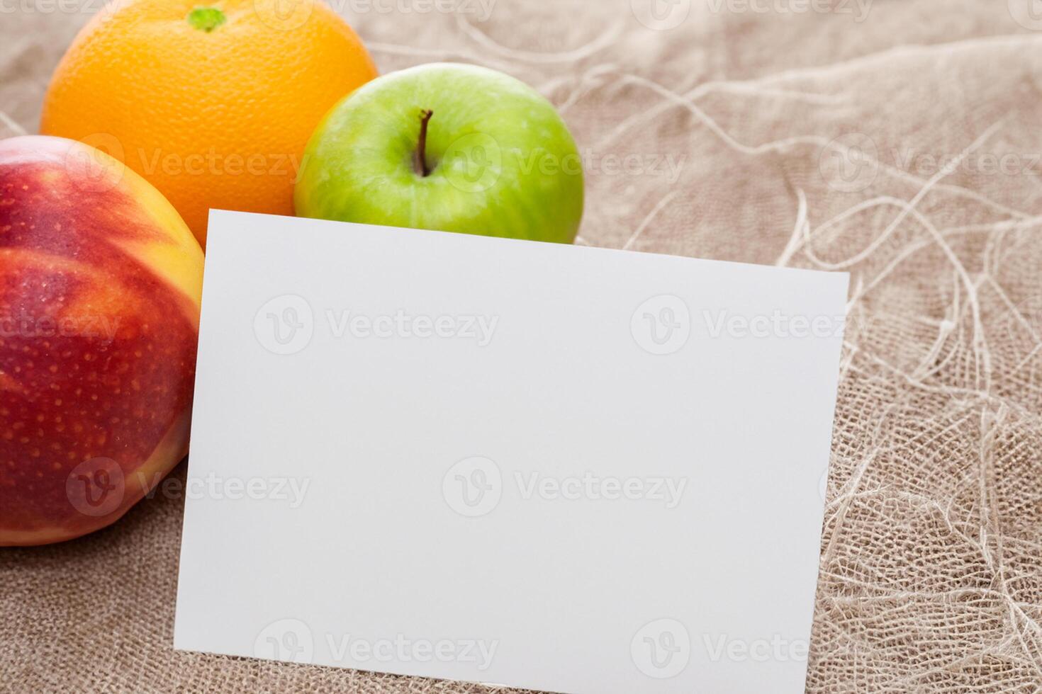 Card and White Paper Mockup Harmonized with Fresh Fruit, Crafting a Visual Symphony of Artful Design and Culinary Delight, Where Wholesome Ingredients Merge in a Feast of Vibrant Imagery photo