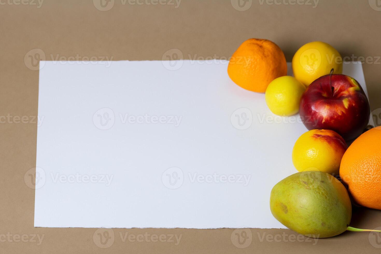 Card and White Paper Mockup Harmonized with Fresh Fruit, Crafting a Visual Symphony of Artful Design and Culinary Delight, Where Wholesome Ingredients Merge in a Feast of Vibrant Imagery photo