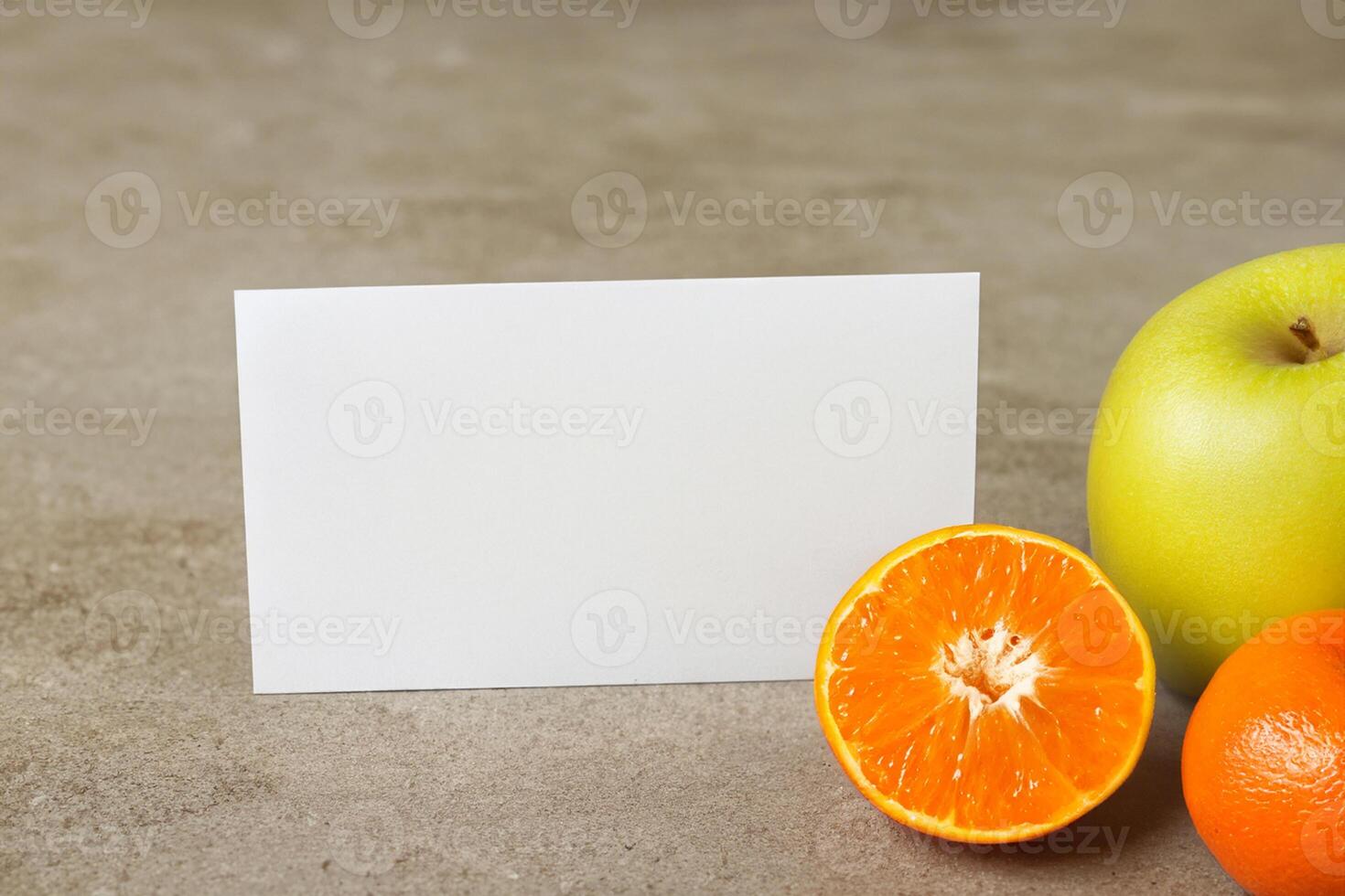 Card and White Paper Mockup Harmonized with Fresh Fruit, Crafting a Visual Symphony of Artful Design and Culinary Delight, Where Wholesome Ingredients Merge in a Feast of Vibrant Imagery photo