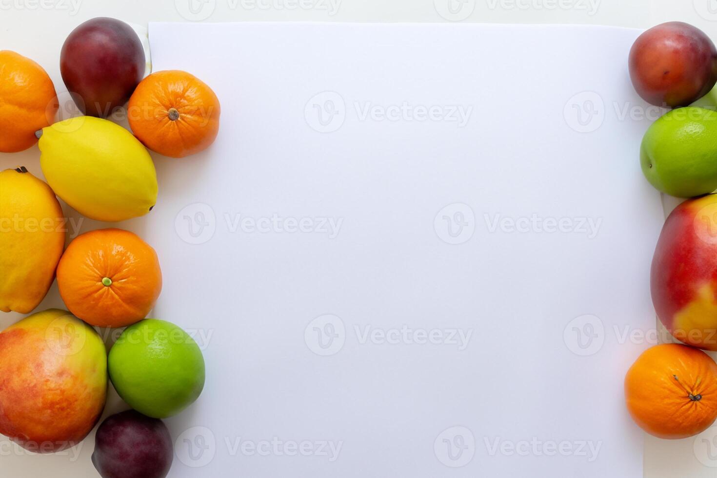 Card and White Paper Mockup Harmonized with Fresh Fruit, Crafting a Visual Symphony of Artful Design and Culinary Delight, Where Wholesome Ingredients Merge in a Feast of Vibrant Imagery photo