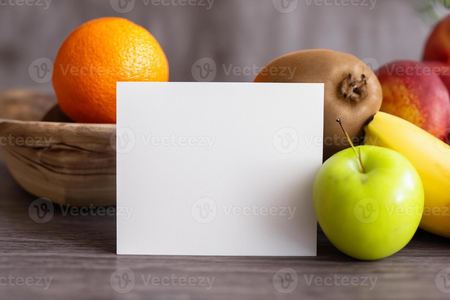 Card and White Paper Mockup Harmonized with Fresh Fruit, Crafting a Visual Symphony of Artful Design and Culinary Delight, Where Wholesome Ingredients Merge in a Feast of Vibrant Imagery photo