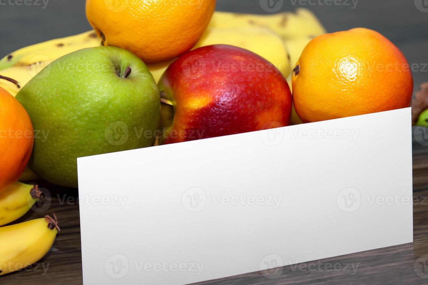 Card and White Paper Mockup Harmonized with Fresh Fruit, Crafting a Visual Symphony of Artful Design and Culinary Delight, Where Wholesome Ingredients Merge in a Feast of Vibrant Imagery photo