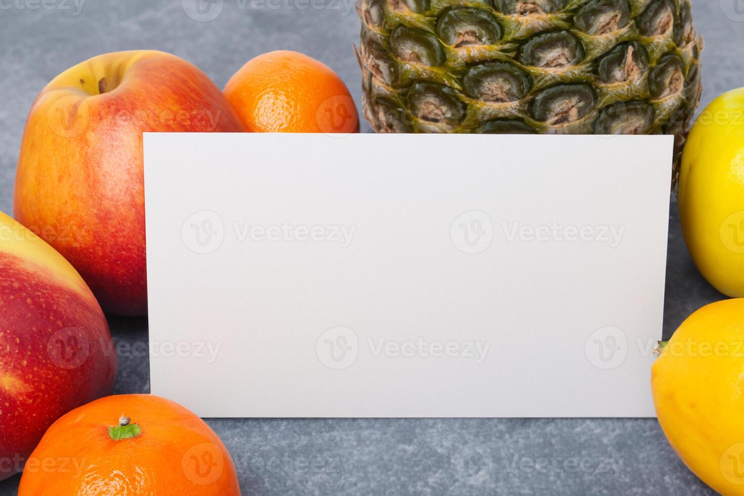 Card and White Paper Mockup Harmonized with Fresh Fruit, Crafting a Visual Symphony of Artful Design and Culinary Delight, Where Wholesome Ingredients Merge in a Feast of Vibrant Imagery photo