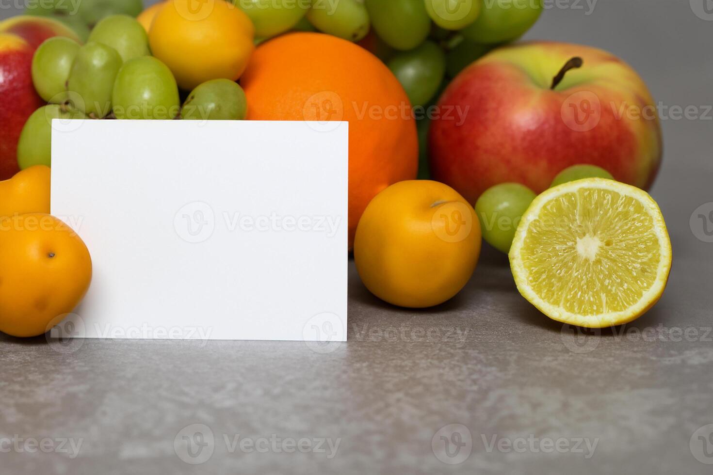 Card and White Paper Mockup Harmonized with Fresh Fruit, Crafting a Visual Symphony of Artful Design and Culinary Delight, Where Wholesome Ingredients Merge in a Feast of Vibrant Imagery photo