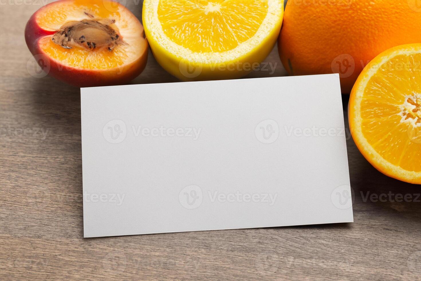 Card and White Paper Mockup Harmonized with Fresh Fruit, Crafting a Visual Symphony of Artful Design and Culinary Delight, Where Wholesome Ingredients Merge in a Feast of Vibrant Imagery photo