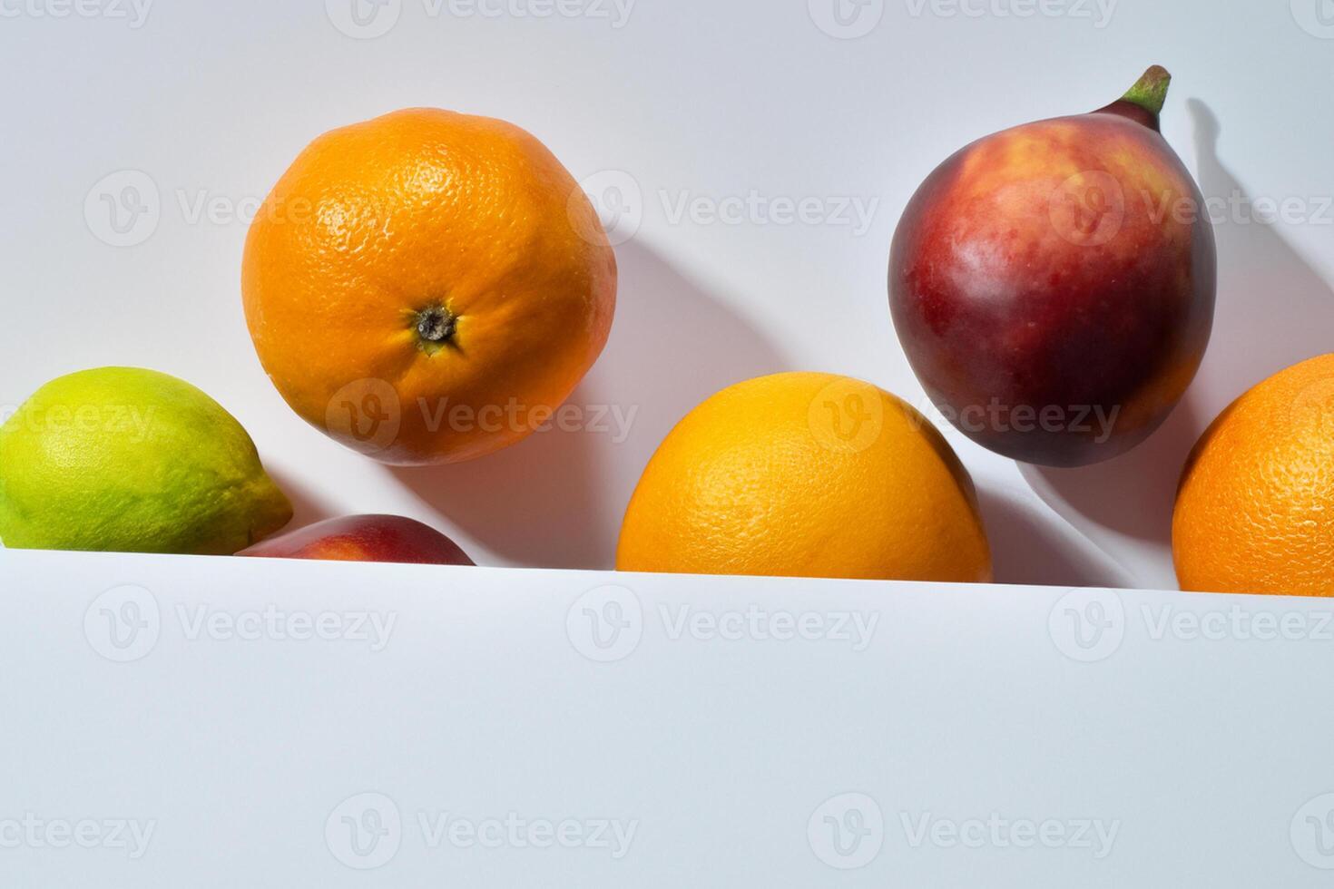 Card and White Paper Mockup Harmonized with Fresh Fruit, Crafting a Visual Symphony of Artful Design and Culinary Delight, Where Wholesome Ingredients Merge in a Feast of Vibrant Imagery photo