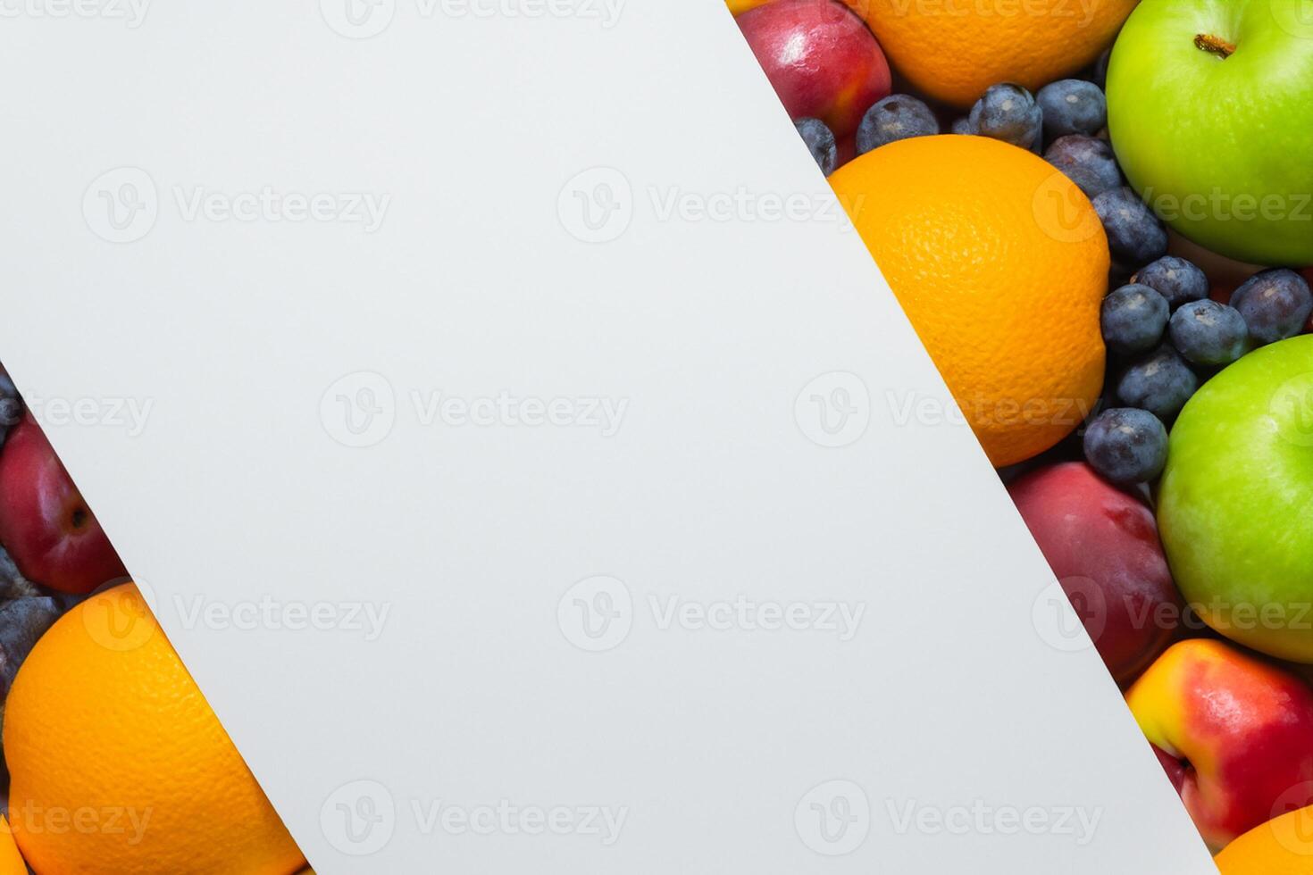 Card and White Paper Mockup Harmonized with Fresh Fruit, Crafting a Visual Symphony of Artful Design and Culinary Delight, Where Wholesome Ingredients Merge in a Feast of Vibrant Imagery photo