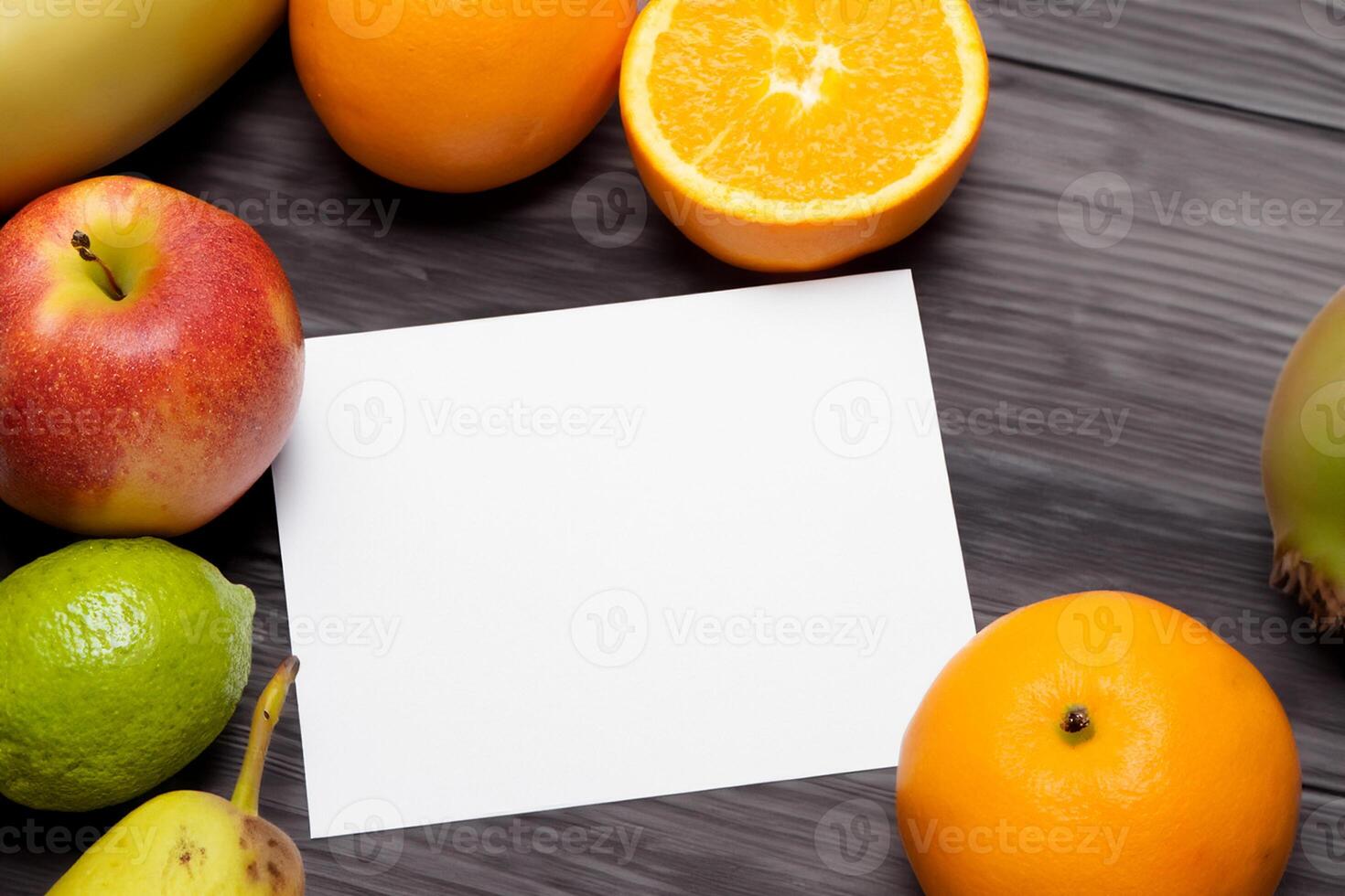 Card and White Paper Mockup Harmonized with Fresh Fruit, Crafting a Visual Symphony of Artful Design and Culinary Delight, Where Wholesome Ingredients Merge in a Feast of Vibrant Imagery photo