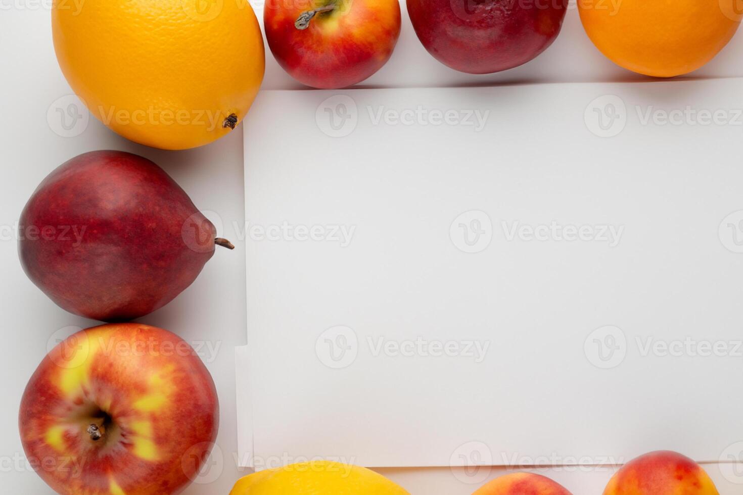 Card and White Paper Mockup Harmonized with Fresh Fruit, Crafting a Visual Symphony of Artful Design and Culinary Delight, Where Wholesome Ingredients Merge in a Feast of Vibrant Imagery photo