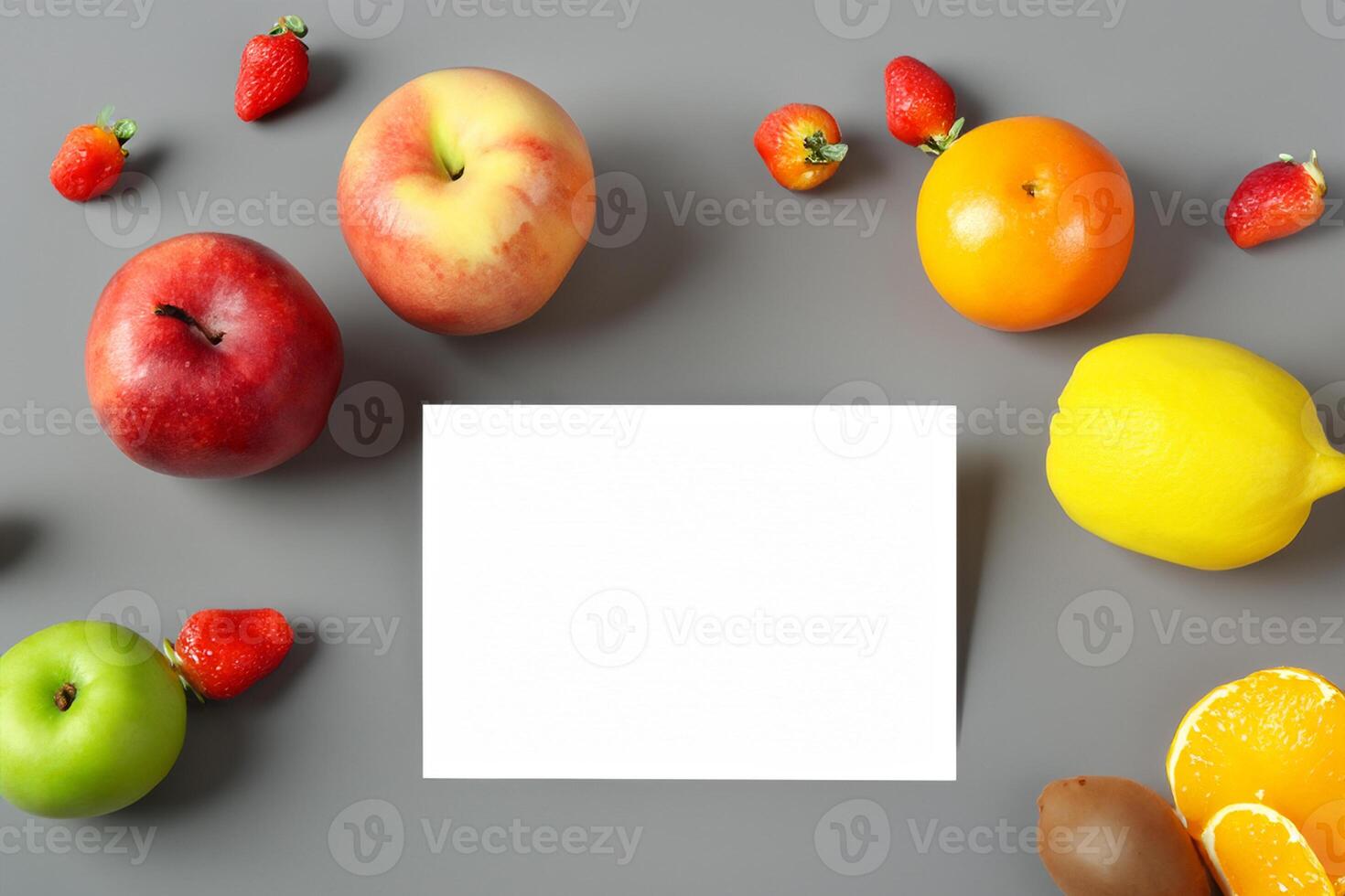 Card and White Paper Mockup Harmonized with Fresh Fruit, Crafting a Visual Symphony of Artful Design and Culinary Delight, Where Wholesome Ingredients Merge in a Feast of Vibrant Imagery photo