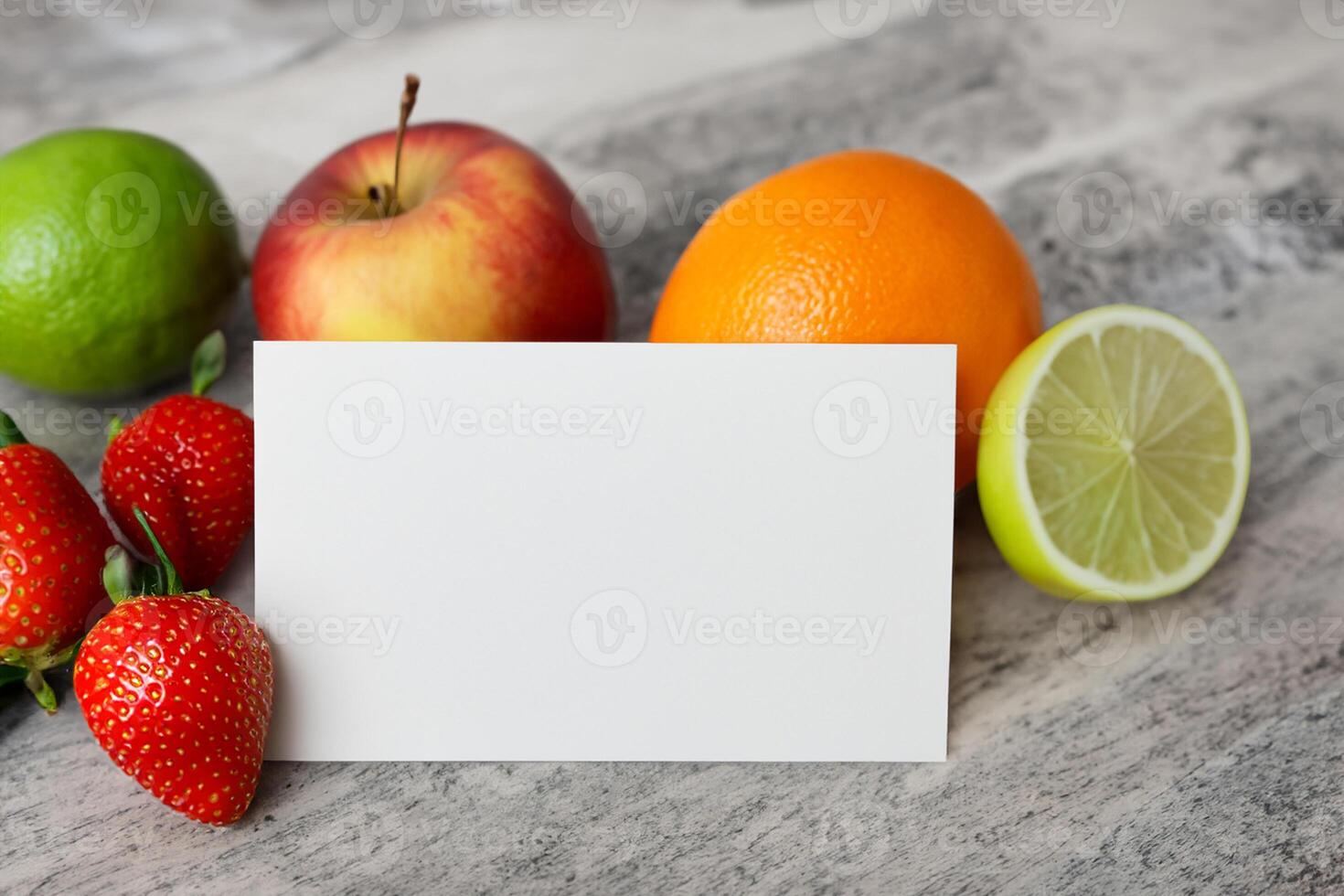 tarjeta y blanco papel Bosquejo armonizado con Fresco fruta, elaboración un visual sinfonía de ingenioso diseño y culinario deleitar, dónde saludable ingredientes unir en un banquete de vibrante imágenes foto