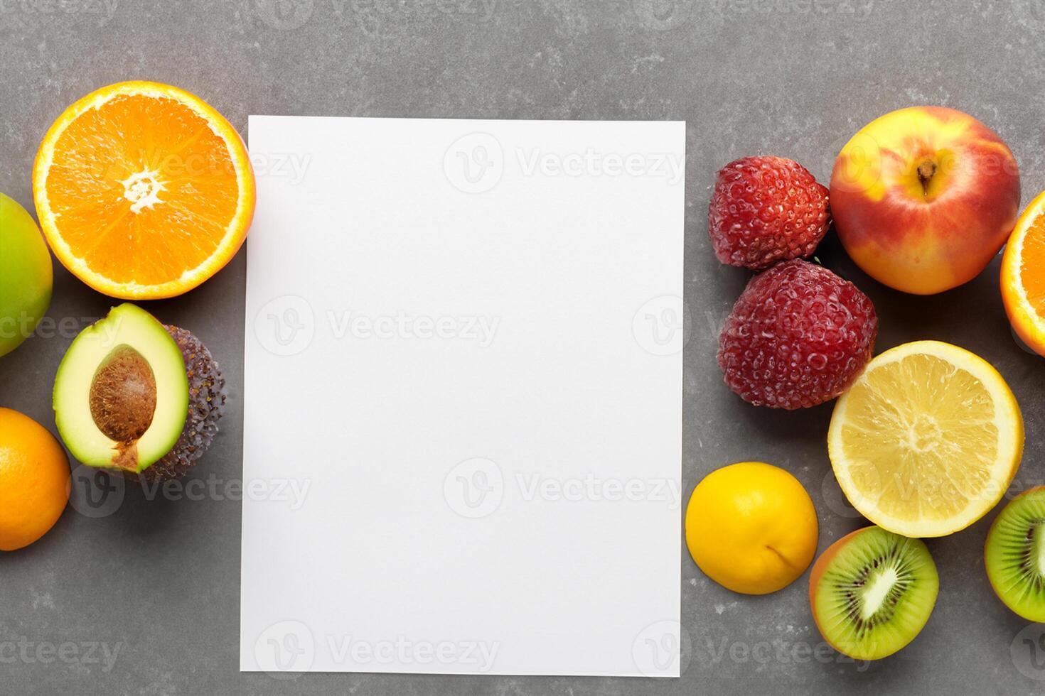 Card and White Paper Mockup Harmonized with Fresh Fruit, Crafting a Visual Symphony of Artful Design and Culinary Delight, Where Wholesome Ingredients Merge in a Feast of Vibrant Imagery photo