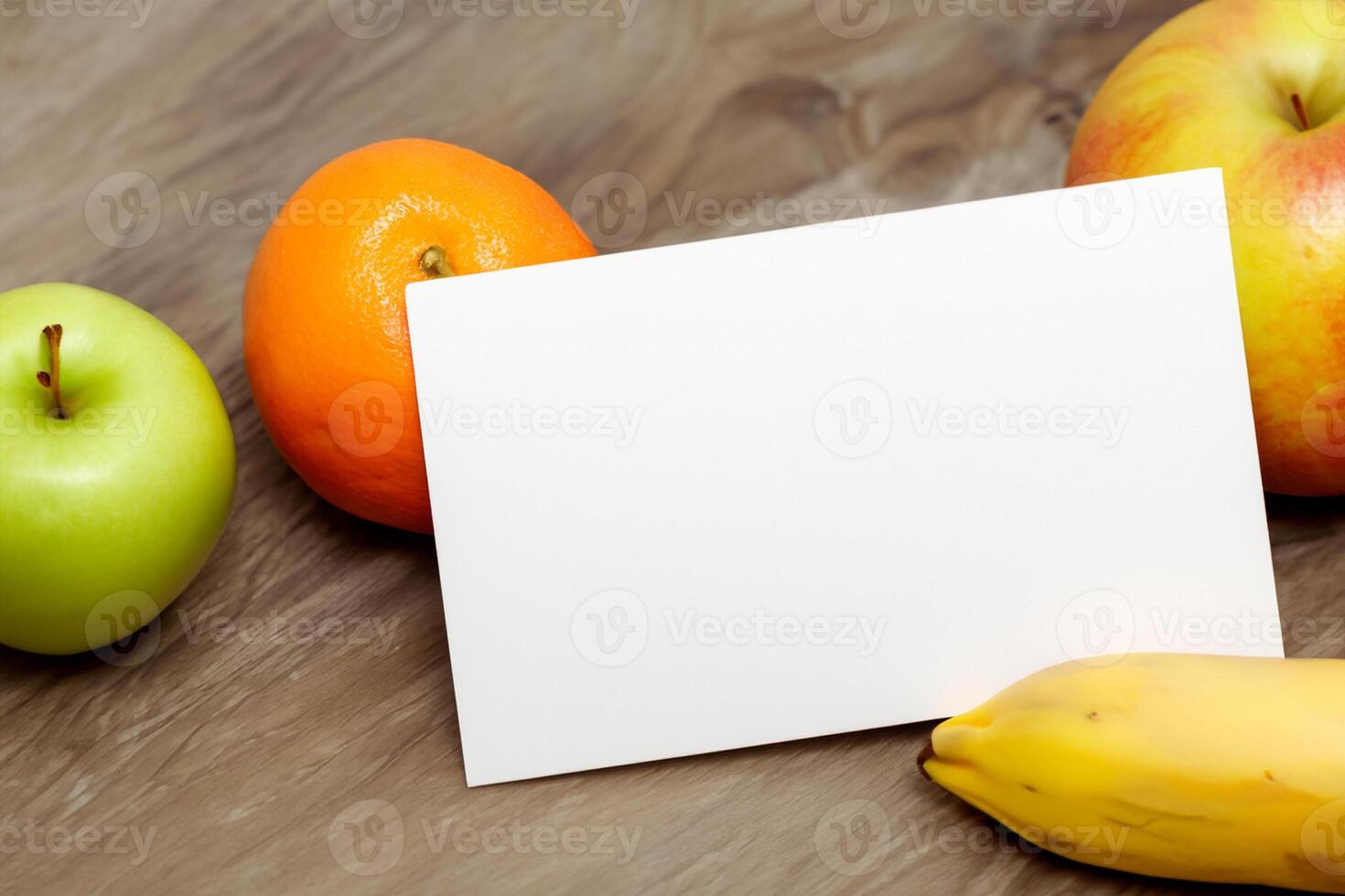 Card and White Paper Mockup Harmonized with Fresh Fruit, Crafting a Visual Symphony of Artful Design and Culinary Delight, Where Wholesome Ingredients Merge in a Feast of Vibrant Imagery photo