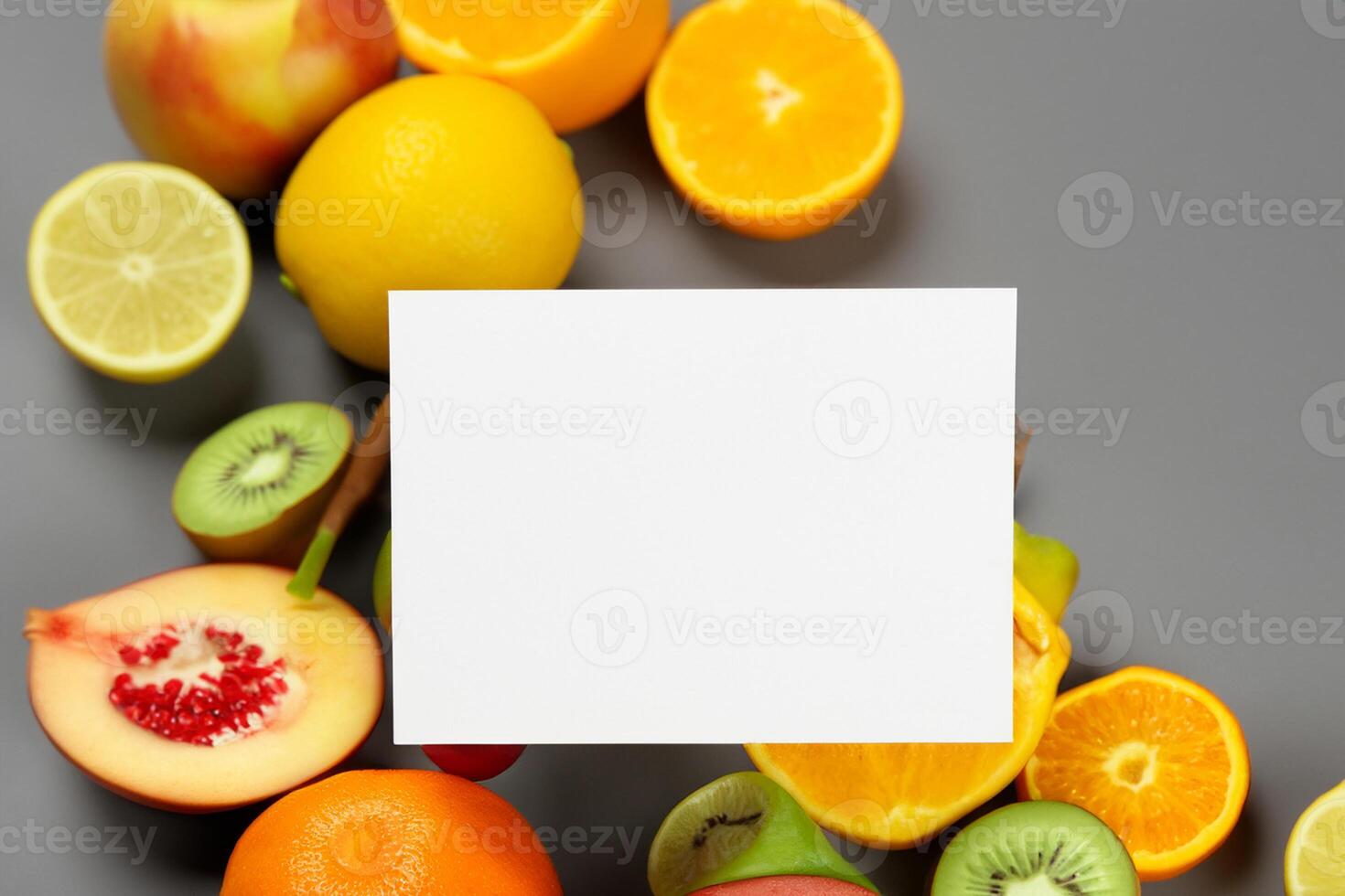 Card and White Paper Mockup Harmonized with Fresh Fruit, Crafting a Visual Symphony of Artful Design and Culinary Delight, Where Wholesome Ingredients Merge in a Feast of Vibrant Imagery photo