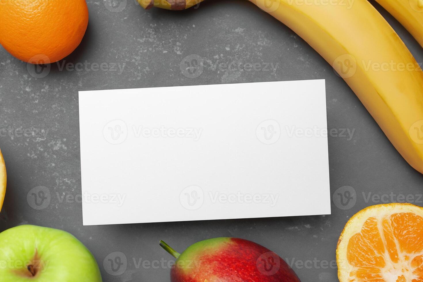 Card and White Paper Mockup Harmonized with Fresh Fruit, Crafting a Visual Symphony of Artful Design and Culinary Delight, Where Wholesome Ingredients Merge in a Feast of Vibrant Imagery photo