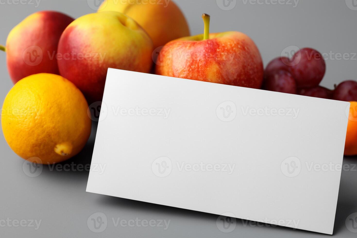 Card and White Paper Mockup Harmonized with Fresh Fruit, Crafting a Visual Symphony of Artful Design and Culinary Delight, Where Wholesome Ingredients Merge in a Feast of Vibrant Imagery photo