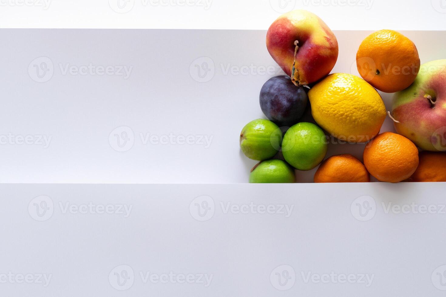 Card and White Paper Mockup Harmonized with Fresh Fruit, Crafting a Visual Symphony of Artful Design and Culinary Delight, Where Wholesome Ingredients Merge in a Feast of Vibrant Imagery photo