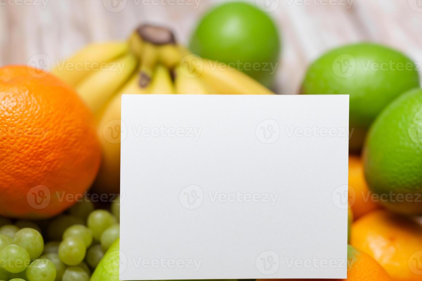 Card and White Paper Mockup Harmonized with Fresh Fruit, Crafting a Visual Symphony of Artful Design and Culinary Delight, Where Wholesome Ingredients Merge in a Feast of Vibrant Imagery photo