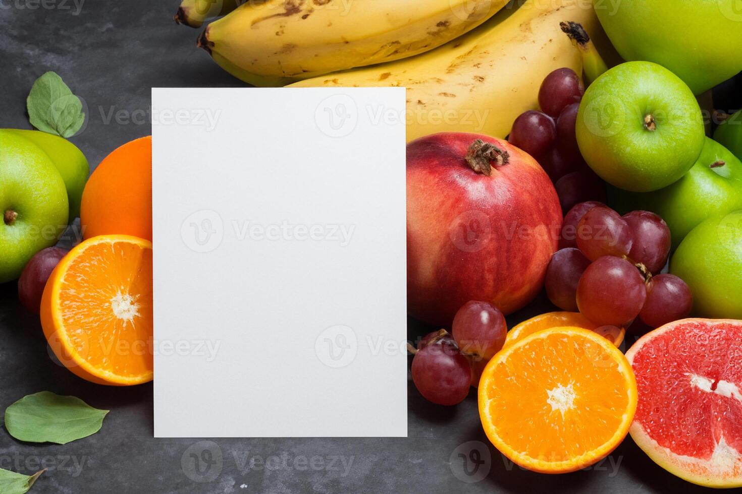 Card and White Paper Mockup Harmonized with Fresh Fruit, Crafting a Visual Symphony of Artful Design and Culinary Delight, Where Wholesome Ingredients Merge in a Feast of Vibrant Imagery photo