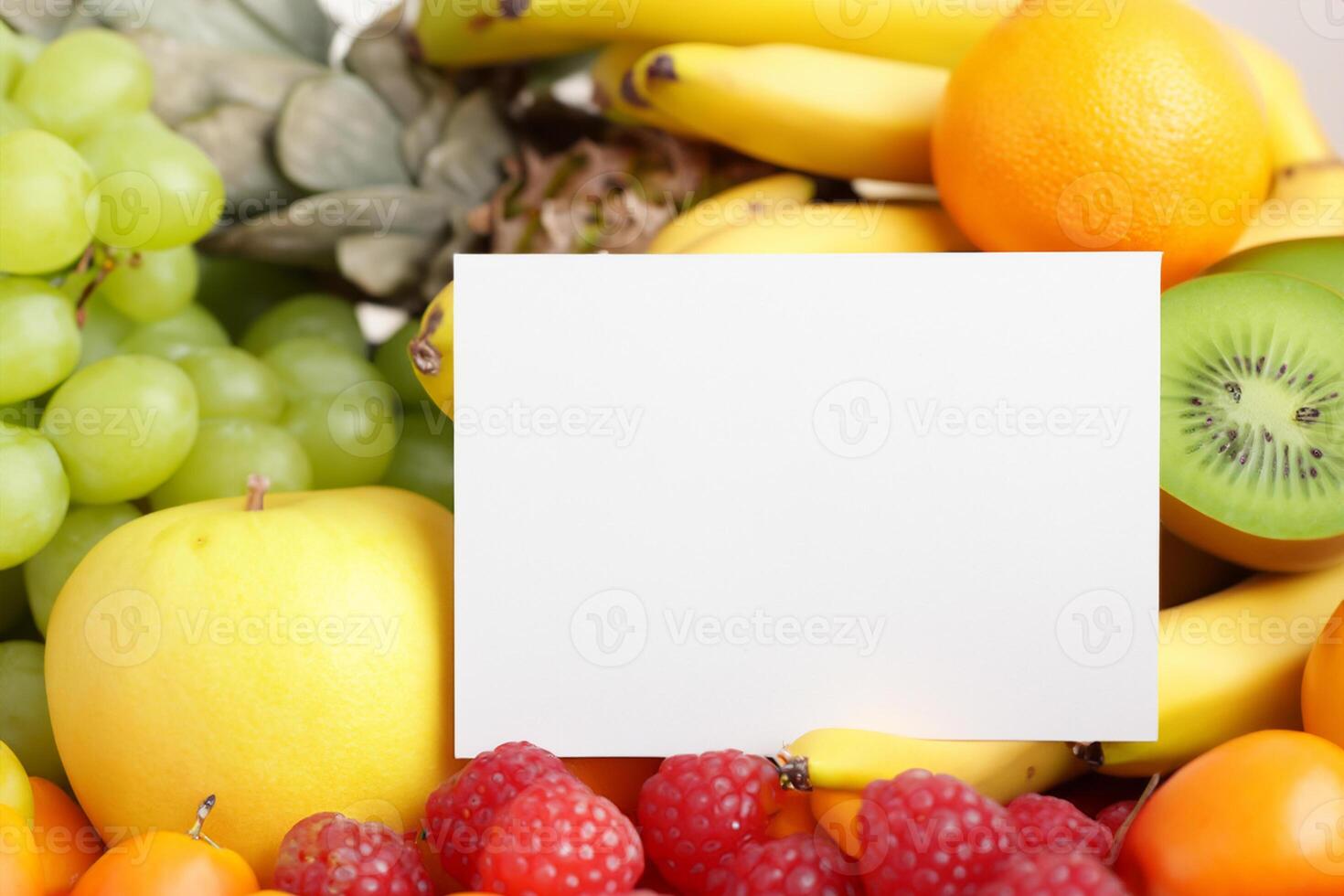 Card and White Paper Mockup Harmonized with Fresh Fruit, Crafting a Visual Symphony of Artful Design and Culinary Delight, Where Wholesome Ingredients Merge in a Feast of Vibrant Imagery photo