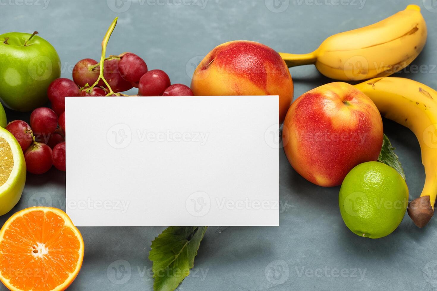 Card and White Paper Mockup Harmonized with Fresh Fruit, Crafting a Visual Symphony of Artful Design and Culinary Delight, Where Wholesome Ingredients Merge in a Feast of Vibrant Imagery photo