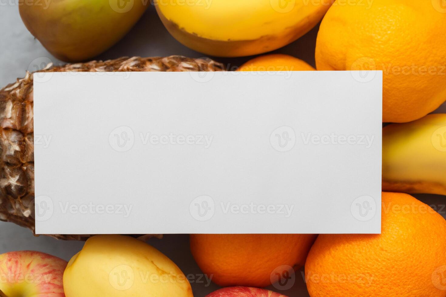 Card and White Paper Mockup Harmonized with Fresh Fruit, Crafting a Visual Symphony of Artful Design and Culinary Delight, Where Wholesome Ingredients Merge in a Feast of Vibrant Imagery photo