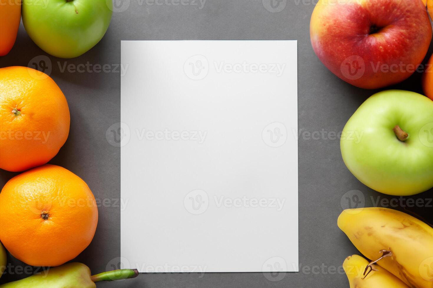 tarjeta y blanco papel Bosquejo armonizado con Fresco fruta, elaboración un visual sinfonía de ingenioso diseño y culinario deleitar, dónde saludable ingredientes unir en un banquete de vibrante imágenes foto