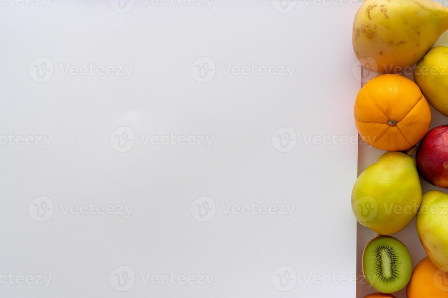 Card and White Paper Mockup Harmonized with Fresh Fruit, Crafting a Visual Symphony of Artful Design and Culinary Delight, Where Wholesome Ingredients Merge in a Feast of Vibrant Imagery photo