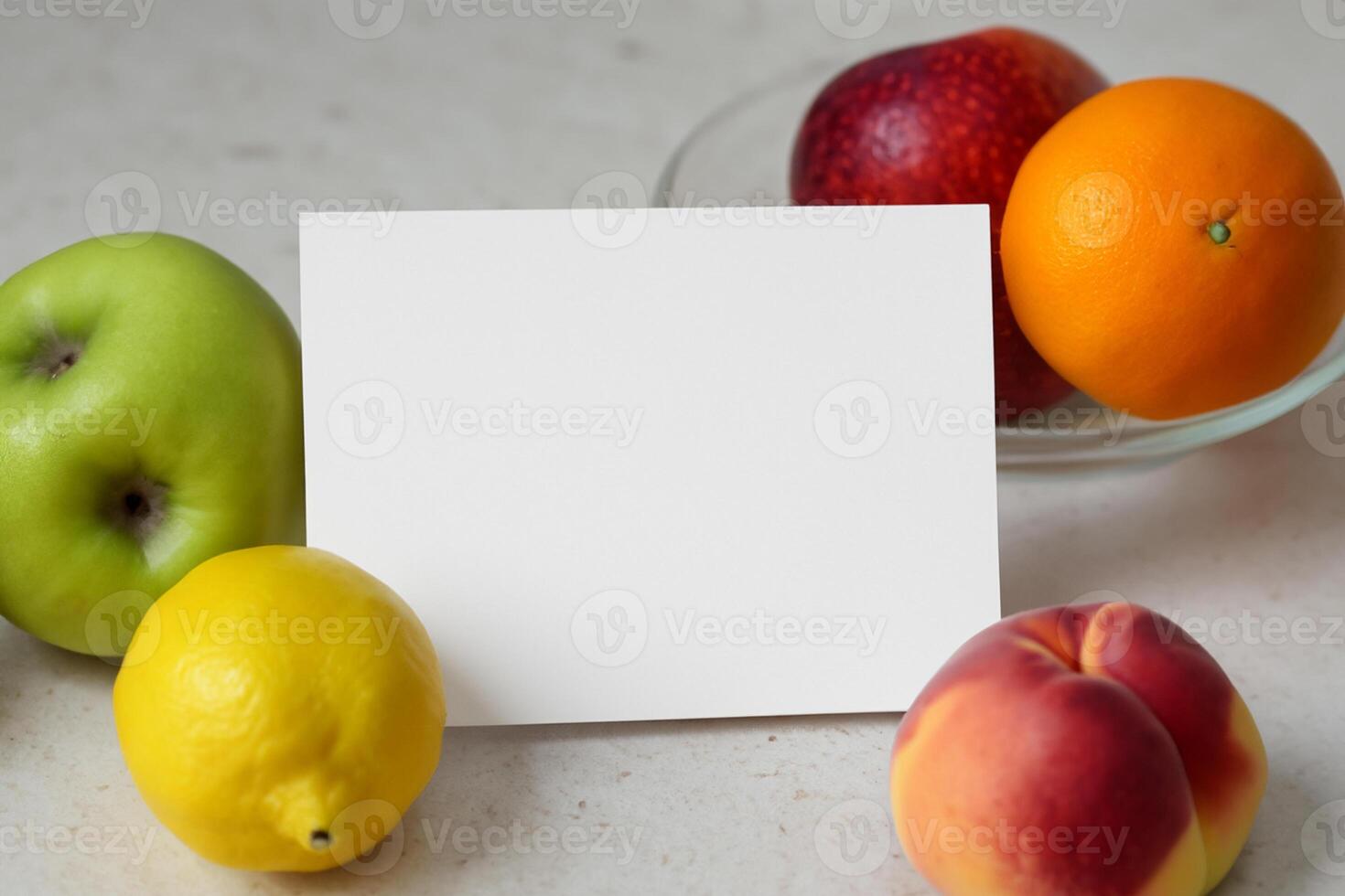 Card and White Paper Mockup Harmonized with Fresh Fruit, Crafting a Visual Symphony of Artful Design and Culinary Delight, Where Wholesome Ingredients Merge in a Feast of Vibrant Imagery photo