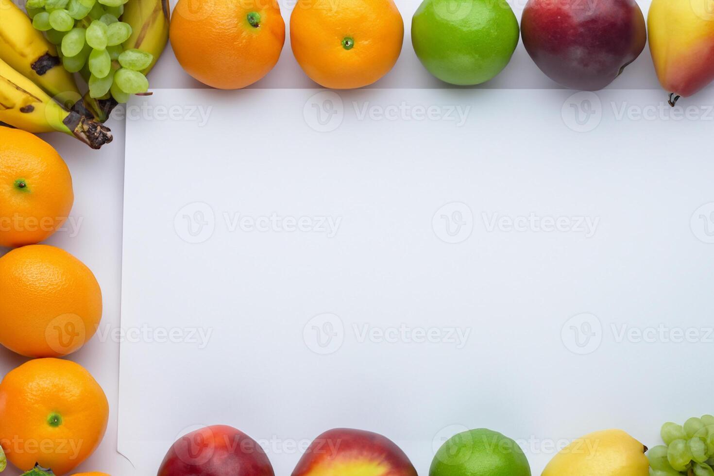 Card and White Paper Mockup Harmonized with Fresh Fruit, Crafting a Visual Symphony of Artful Design and Culinary Delight, Where Wholesome Ingredients Merge in a Feast of Vibrant Imagery photo