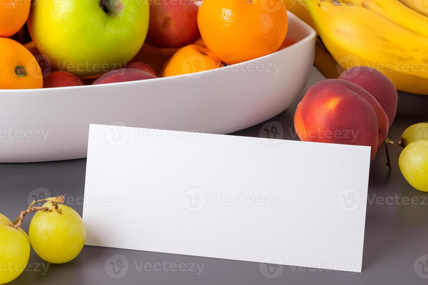 Card and White Paper Mockup Harmonized with Fresh Fruit, Crafting a Visual Symphony of Artful Design and Culinary Delight, Where Wholesome Ingredients Merge in a Feast of Vibrant Imagery photo