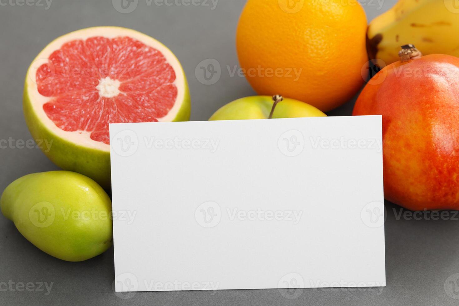 Card and White Paper Mockup Harmonized with Fresh Fruit, Crafting a Visual Symphony of Artful Design and Culinary Delight, Where Wholesome Ingredients Merge in a Feast of Vibrant Imagery photo