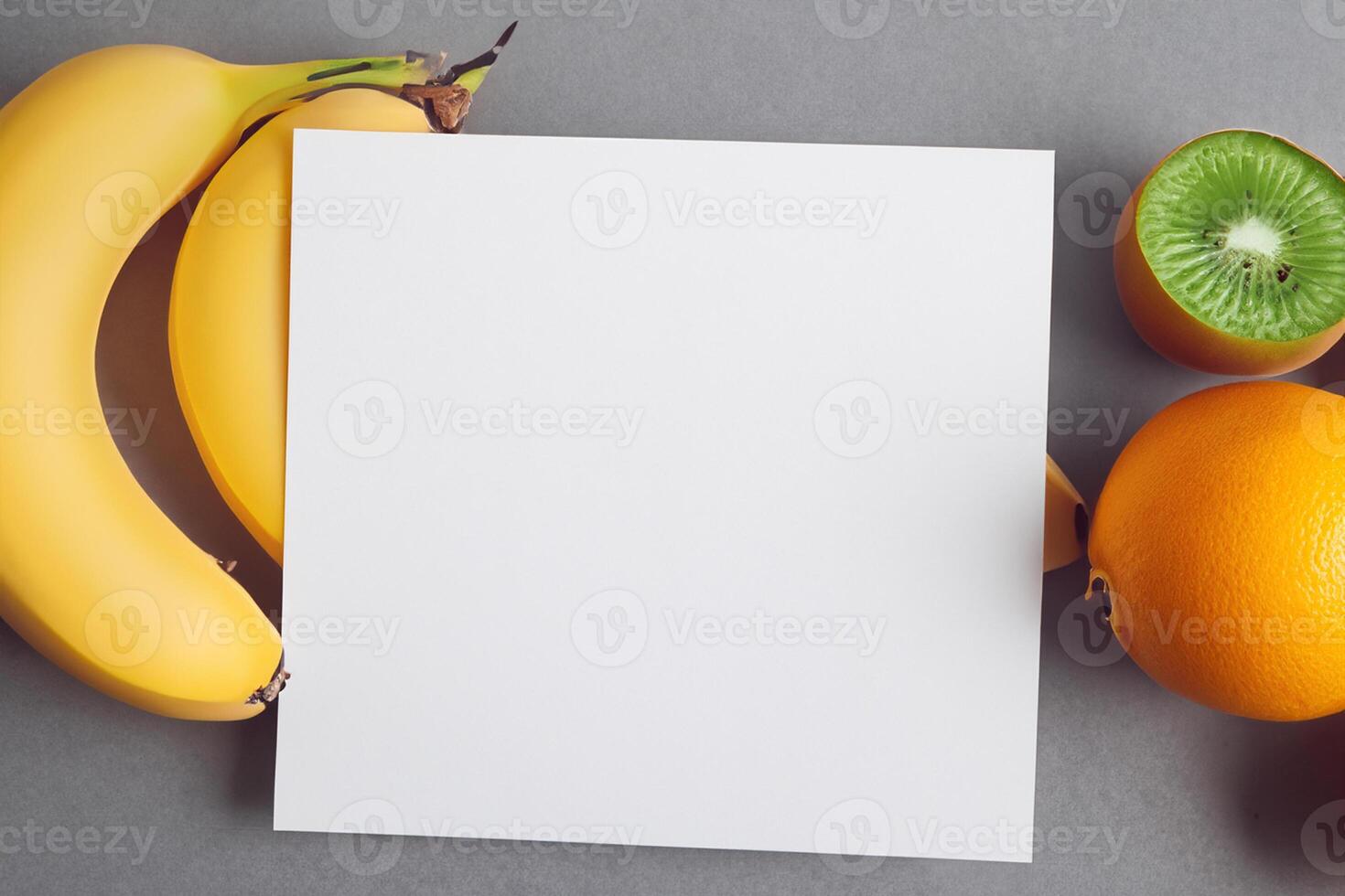 Card and White Paper Mockup Harmonized with Fresh Fruit, Crafting a Visual Symphony of Artful Design and Culinary Delight, Where Wholesome Ingredients Merge in a Feast of Vibrant Imagery photo