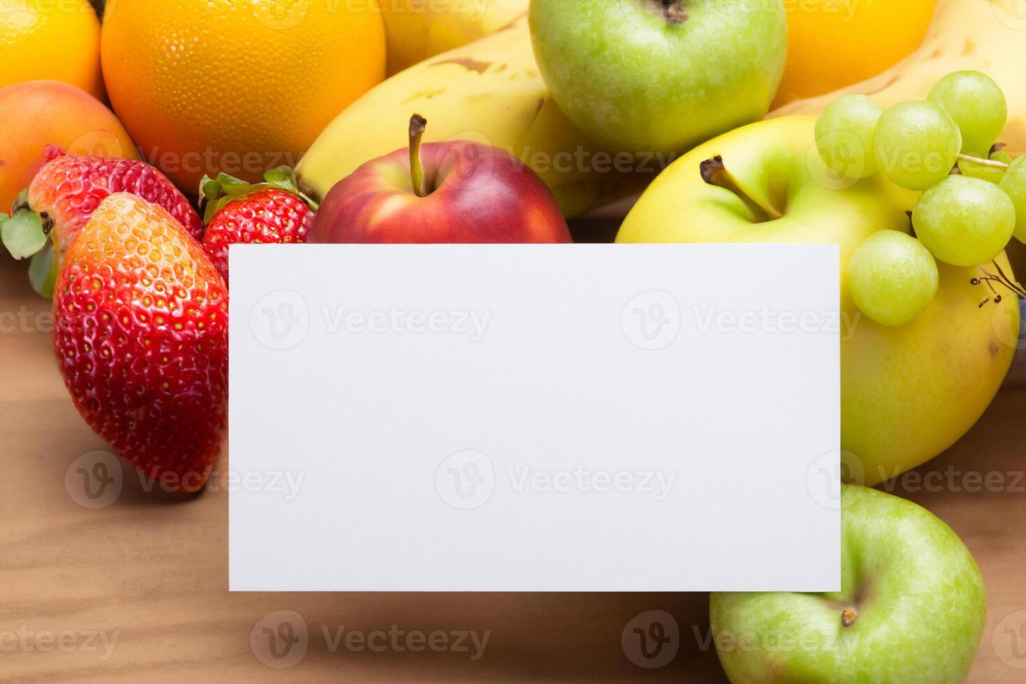 Card and White Paper Mockup Harmonized with Fresh Fruit, Crafting a Visual Symphony of Artful Design and Culinary Delight, Where Wholesome Ingredients Merge in a Feast of Vibrant Imagery photo