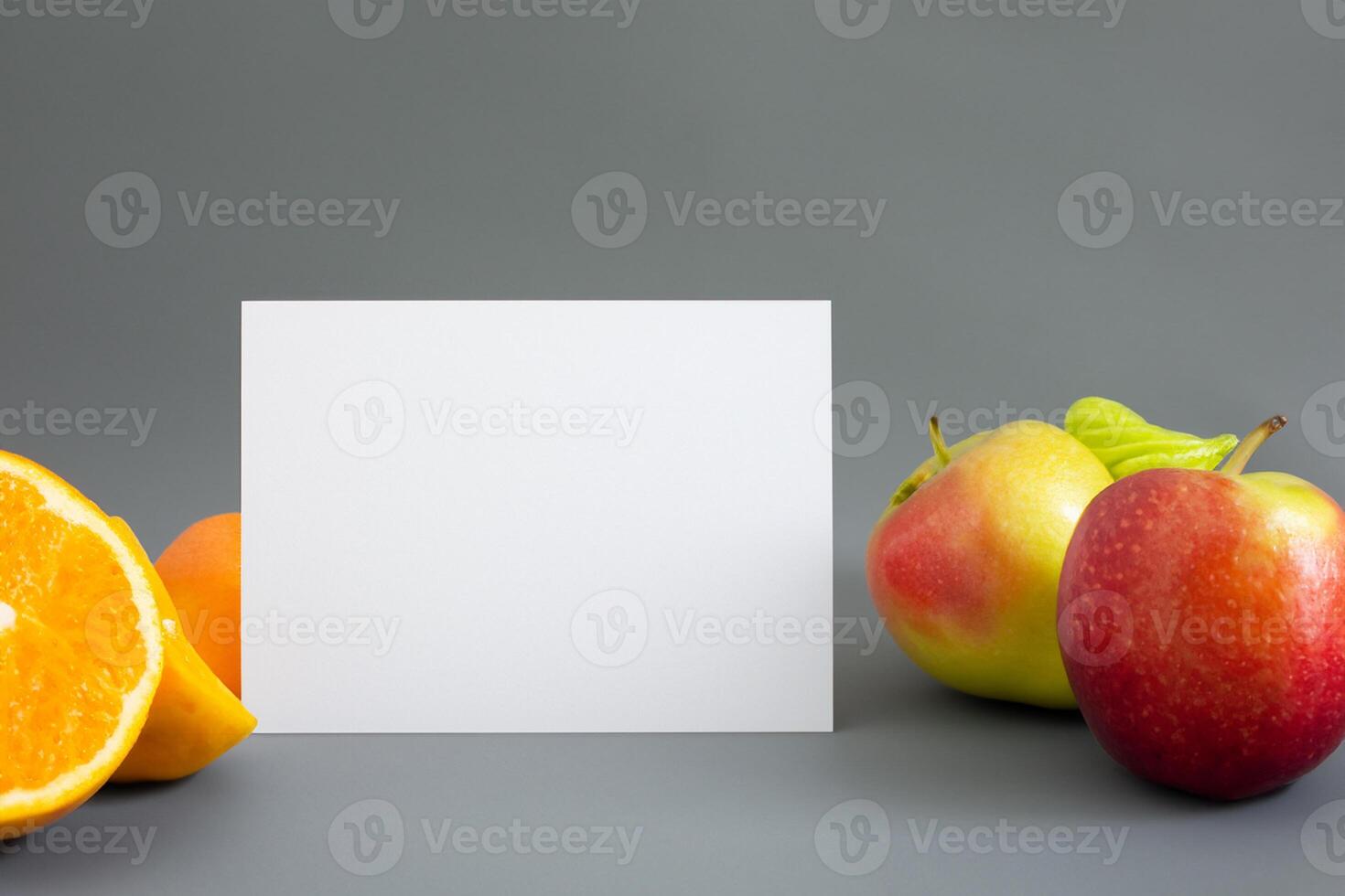 Card and White Paper Mockup Harmonized with Fresh Fruit, Crafting a Visual Symphony of Artful Design and Culinary Delight, Where Wholesome Ingredients Merge in a Feast of Vibrant Imagery photo